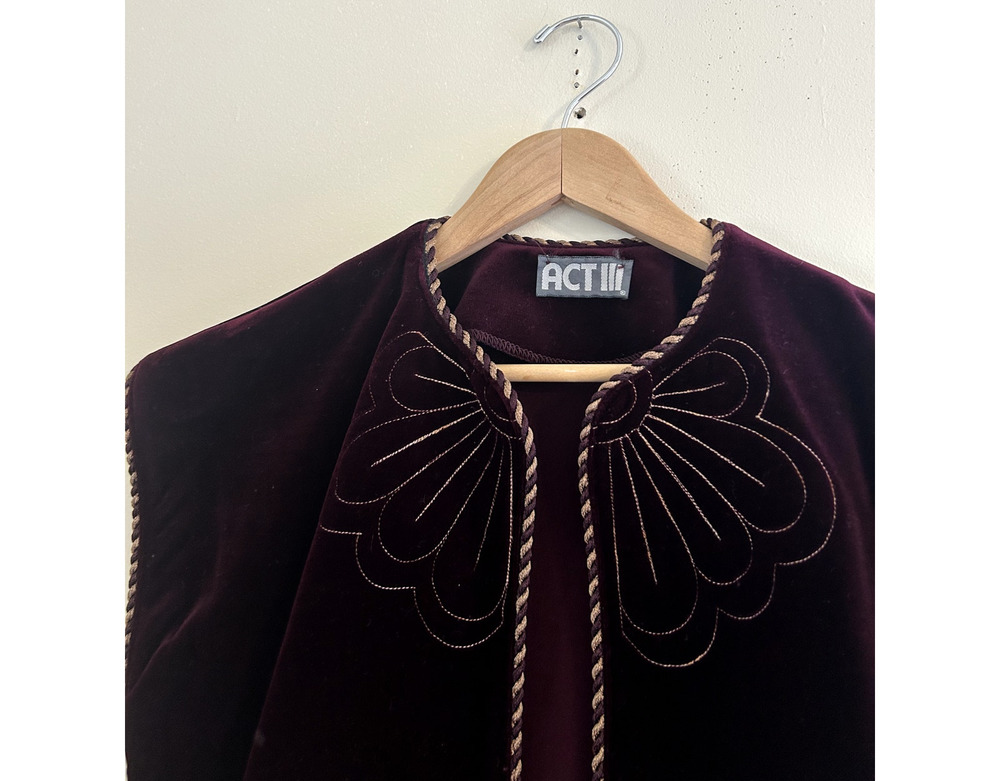 Vintage Burgundy 70s Act III Butterfly Flower Velvet Velour Vest Women's Medium